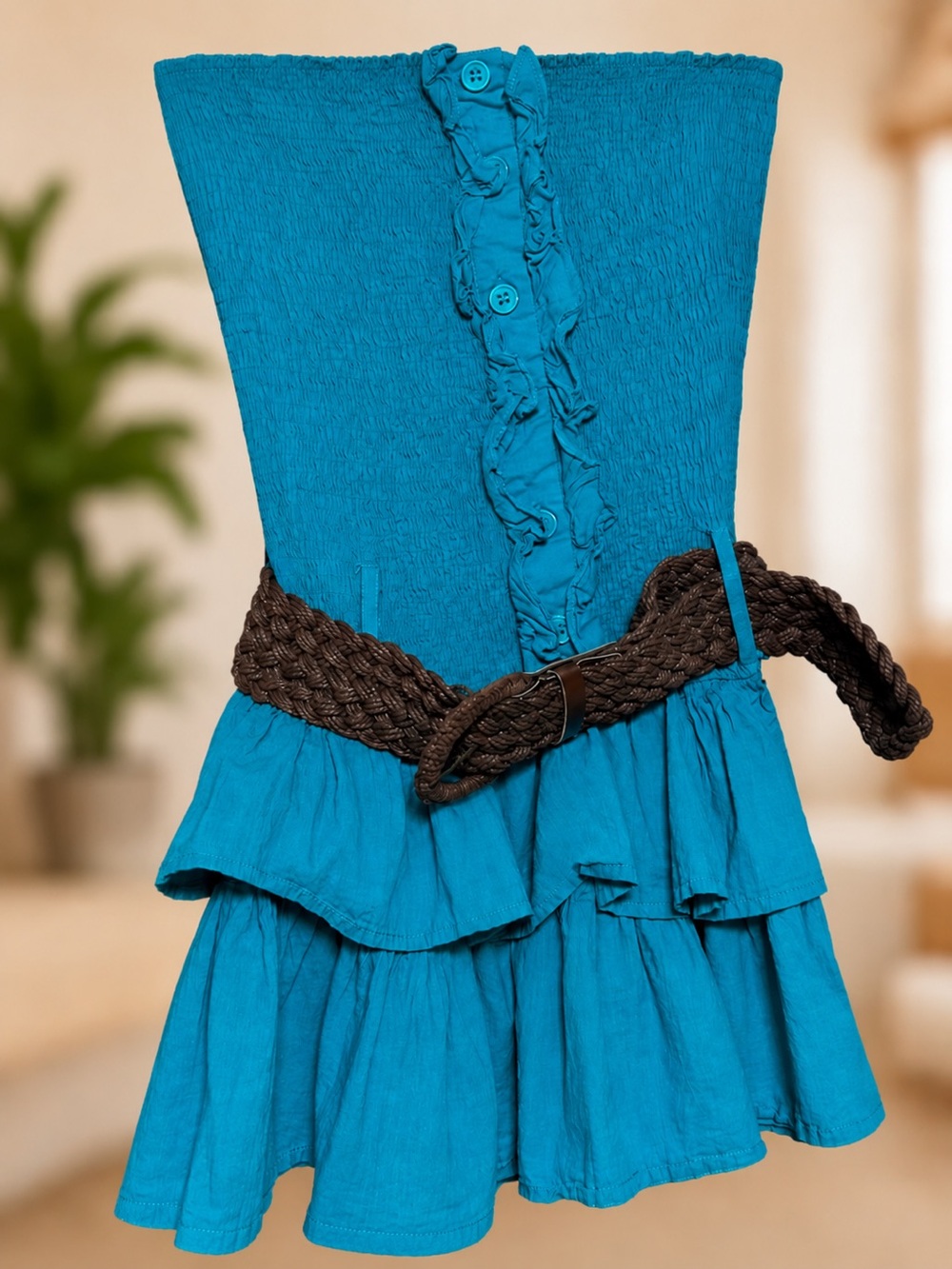 Wet Seal Teal Strapless Ruffled Mini Dress with Braided Belt Y2K- Sz. M